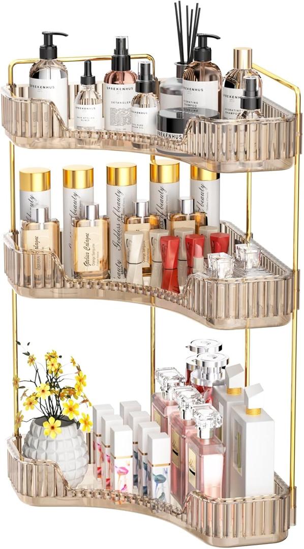 GTI 3-Tier Corner Bathroom Counter Organizer, Large Capacity Makeup Organizer Countertop, Perfume Cosmetics Skincare Vanity Organizers, Exquisite Countertop Storage for Women (Amber) (10" x 10" x 17.5")