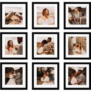 10x10 Picture Frame Set of 9, Display Pictures 8x8 with Mat or 10x10 without Mat, Multi Collage Gallery Square Photo Frames for Wall or Tabletop,Black