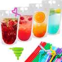 Ozera Drink Pouches, 100 Pcs Reusable 16 oz Drink Juice Pouches for Adults, Heavy Duty Pouches for Adults with Straw Funnel, Hand-held Smoothie Juice Bags for Cold Hot Drinks