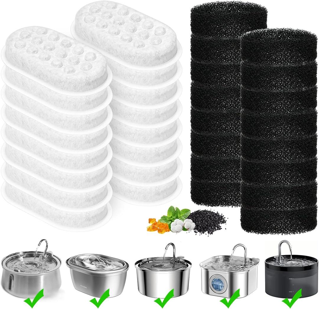 Cat Water Fountain Filter, 32-Pack Cat Fountain Replacement Filters for 67oz/2L & 108oz/3.2L Stainless Steel Cat Water Fountain, 4-Layer Filtration Pet Filter (16 Filters & 16 Sponges)