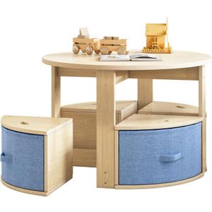 EXPERLAM Toddler Table and Chair Set, Round Kids Table and Chairs with Nesting Design, Wooden Activity Table & 4 Storage Drawers Chairs for Daycare Nursery Playroom, Large