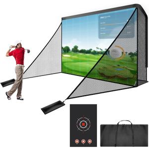 Golf Cage Net with Simulator Impact Screen Heavy Steel Frame with 2 Net Side Barriers HD Blank Impact Screen and Target Cloth Golf Simulators Enclosure for Home Indoor Outdoor (10 x 7 ft)