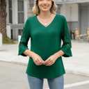Rapbin 3/4 Length Sleeve Womens Tops Summer Lace Ruffles Sleeve T Shirts V-Neck Dressy Casual Trendy Tunic Blouses (Green, L)