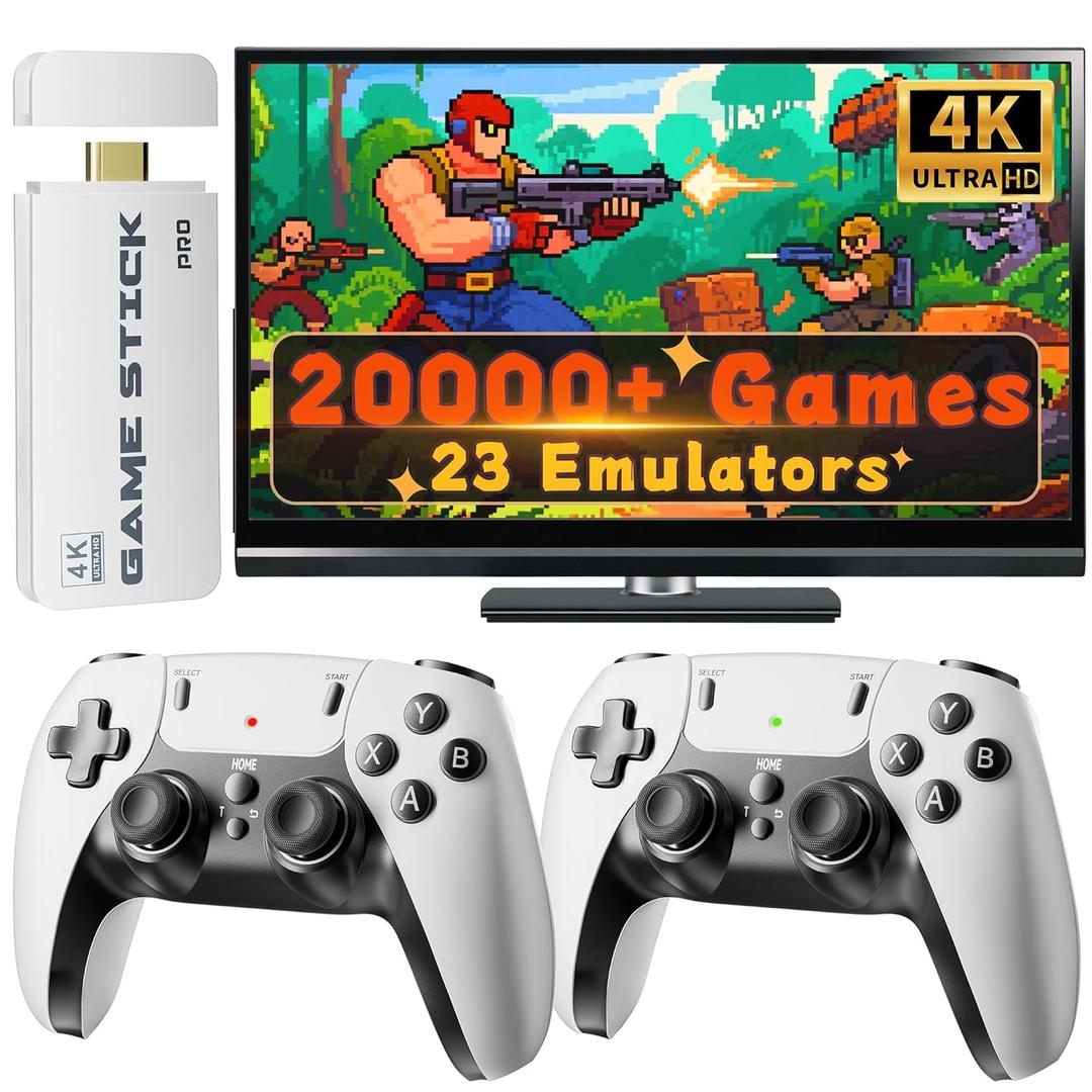 Huqjot 2025 Upgraded Retro Gaming Console Stick Pro, Video Games Console with 4K HDMI, Built-in 23 Classic Game Emulators, 20000+ Games - Video Game with Upgrade Dual 2.4G Wireless Controllers (64G) (White)