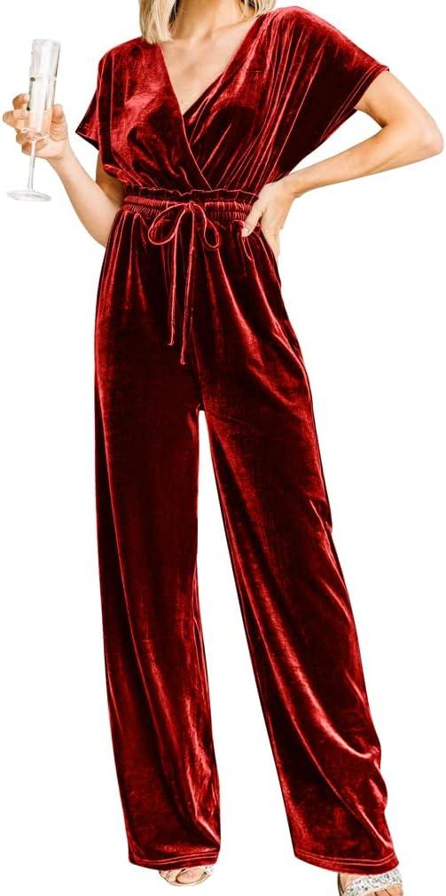 YMDUCH Women's Casual Short Sleeve Belted Long Wide Leg Pant One Piece Jumpsuit (Medium, Red)