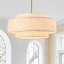Fenluster Gold Modern Chandelier 20'' Linen Drum Chandeliers with 3 Layer Fabric Lampshade Pendant Light Fixture 4-Light Farmhouse Chandeliers for Dining Room Bedroom Kitchen Hallway Foyer