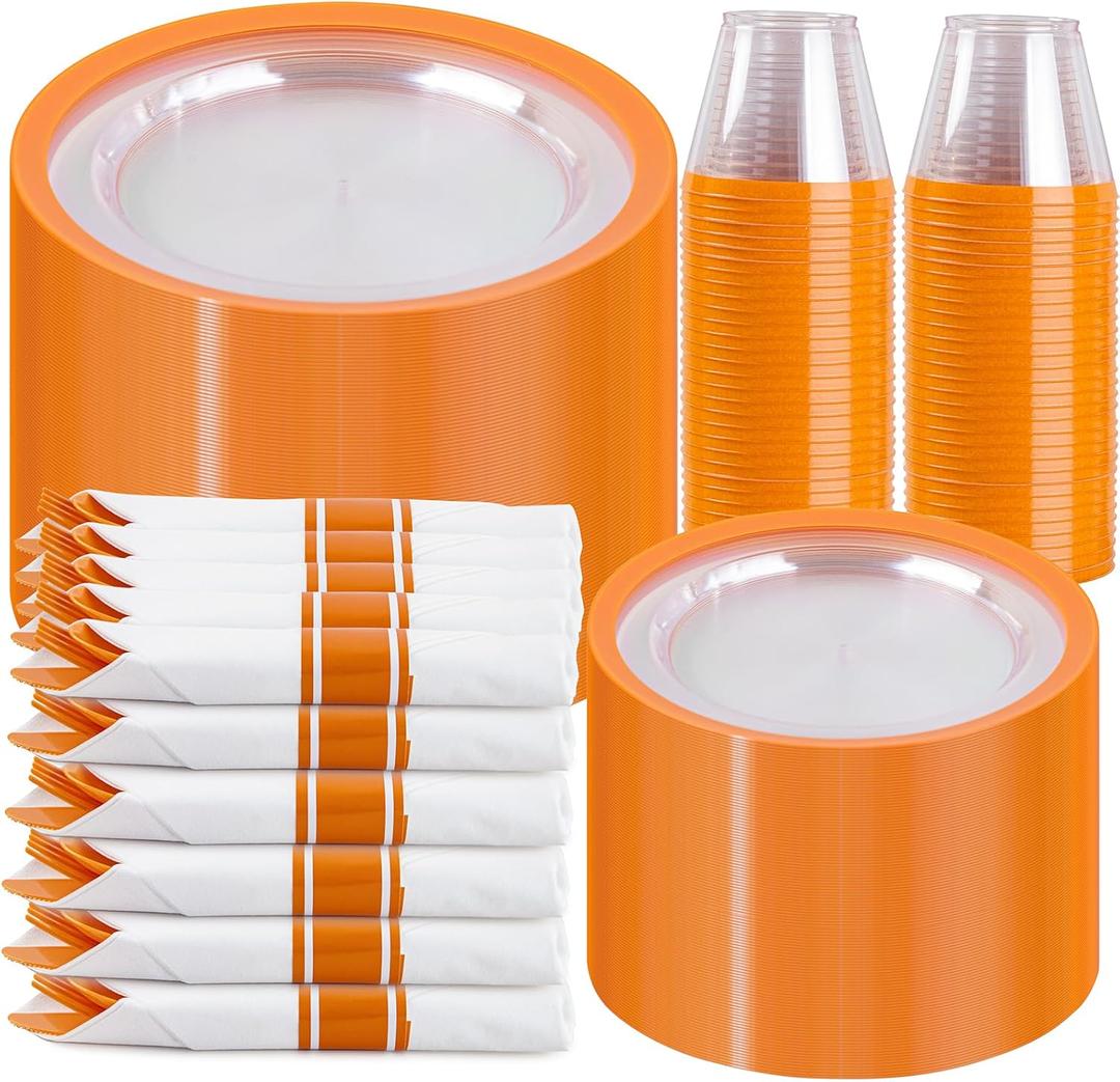 I00000 350 Pcs Clear Orange Plates for 50 Guests, Orange Disposable Plates Set Include 10" Dinner Plate, 7" Dessert Plate, 50 Cups, 50 Pre Rolled Napkins with Cutlery Set for Party and Wedding