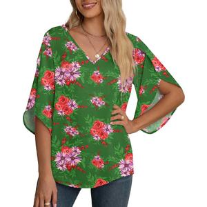 Jouica Women's Graphic Tees Short Sleeve Heart Printed Shirts Blouse Tops,Green Red Flowers,Medium
