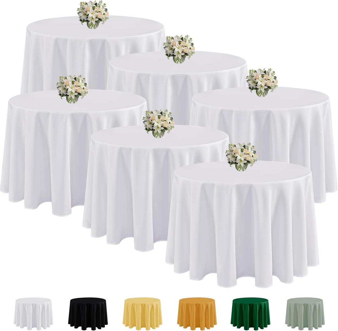 Fitable 6 Pack White Round Tablecloths - 120 Inches Round - Wrinkle and Stain Resistant Fabric Table Clothes, Washable Polyester Table Covers for Wedding, Party, Banquet, Formal Events (120 inch Round, 6 Pack)