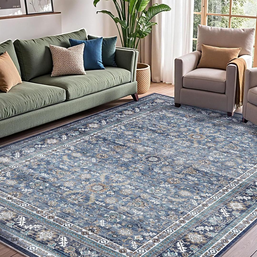 OPPODREAM Vintage Blue Area Rugs 8x10, 8 x 10 Retro Washable Rug Non Slip, Low-Pile Faux Wool Carpet, Distressed Navy Floor Mat for Living Room, Bedroom, Office, Dorm, Dinning Room, Big & Large