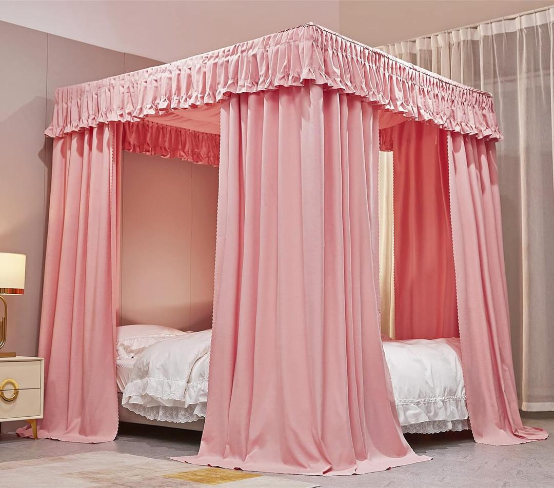 VETHIN Elastic Roof Style Four Corner Post Princess Bed Canopy Curtains Cozy Breathable Tent Canopy Mosquito Net for Girls & Adults Bedroom Decoration (Pink, 47-53" W*78" L*82"*H/(Twin-Full))