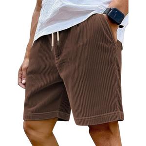 Mens Cargo Shorts Casual Drawstring Elastic Waist Corduroy Summer Beach Shorts with Pockets (Brown, S)
