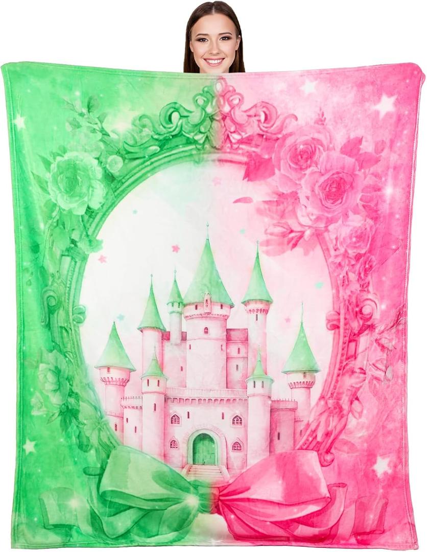 50*60'' Witch Throw Blanket Pink and Green Vintage Flannel Blanket Musical Witch Princess Castle and Bow Party Decoration Birthday Gifts for BFF Couples Movie Night Bedding Sofa Picnic Stuff