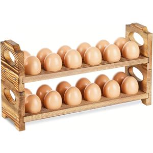 Wooden Egg Holder Countertop, Stackable Wooden Egg Storage & Organizer, 2-Tier /24-Hole Farmhouse Eggs Rack Wood with Handle for Fresh Eggs to Store Chicken/Duck/Quail/Turkey/Easter Egg