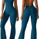 OEAK Womens Flare Jumpsuit with Bra Tummy Control Cutout Romper Workout Outfit Sleeveless Unitard One Piece Backless Bodysuit (Medium, Blue)