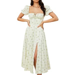Women Puff Sleeve Floral Maxi Dress Cottagecore Smocked Side Split Dresseses Light Green Small Women Puff Sleeve Floral Maxi Dress Cottagecore Smocked Side Split Dresseses Light Green Small