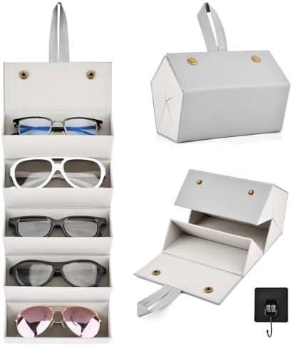 NOWHYX 5 Slots Travel Sunglasses Organizer With Hook, Foldable Travel Sunglass Case, Multiple Eyeglasses Storage Box for Women Men(COLOR:Grey)