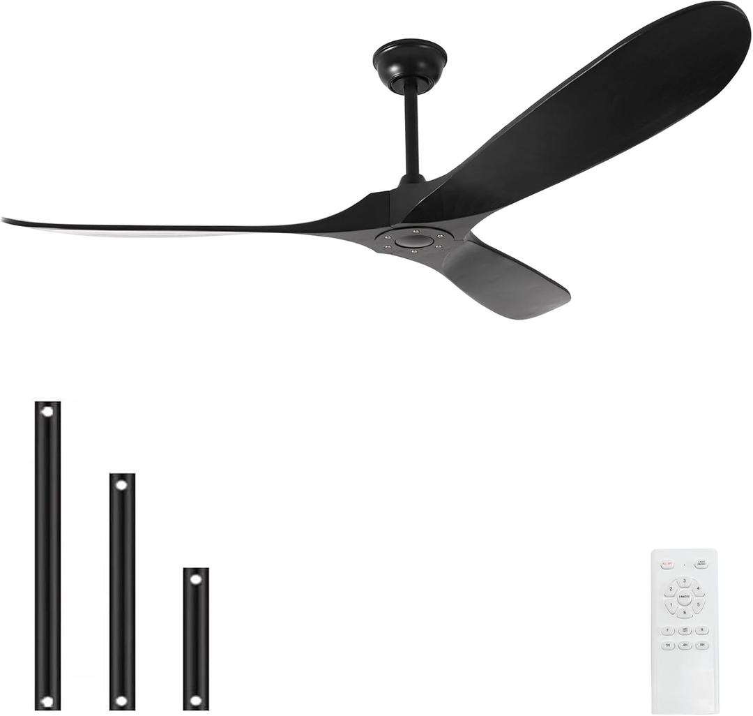 72'' Outdoor Ceiling Fan without Light,3 Solid Wood Blades,Black Ceiling Fan no Light with Remote Control,Large Ceiling Fans for Porch,Garage,Living Room (black)