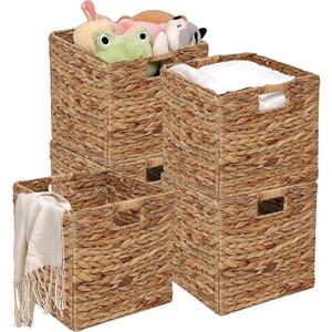 11x11in Wicker Storage Baskets Set of 5 Collapsible Water Hyacinth Basket for Organizing,Handwoven Woven Bins for Bedroom,Living Room,Shelves - Natural