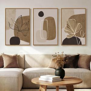 Large Framed Neutral Boho Wall Art for Living Room, 3 Piece Abstract Brown Black Botanical Lines Canvas Artwork for Walls, Bohemian Pictures Wall Decor for Bedroom Home Office Hallway, 24x36 Inch, 24" W x 36" H x 3Pcs