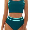 BMJL Women's High Waisted Bikini Sets Two Piece Swimsuits Sporty Tummy Control Bathing Suit Color Block Swim Suit S