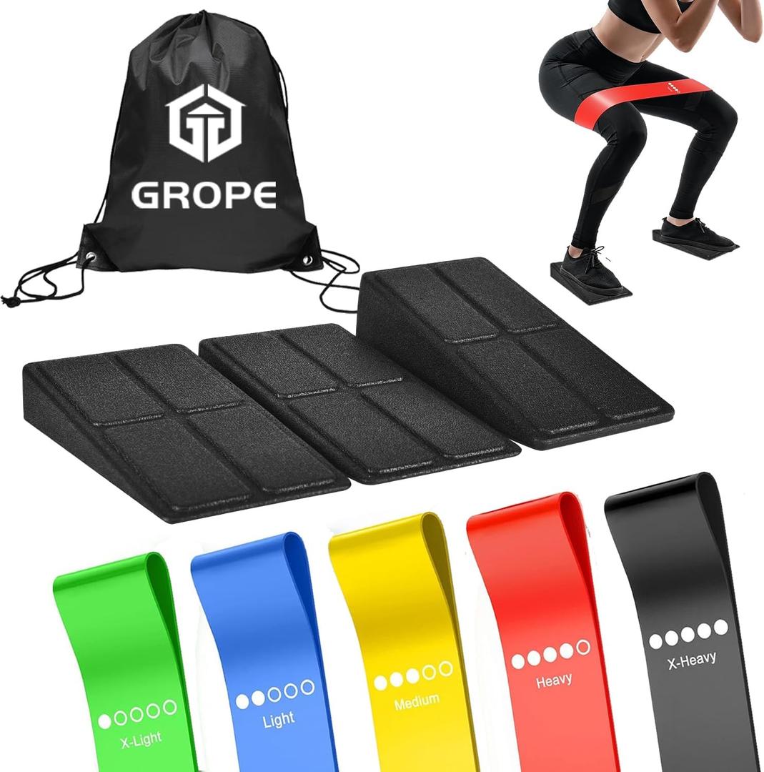 Slant Board Squat Wedge for Calf Stretching3 Pcs 12" x 6.3" Foot Stretcher Balance Board for Plantar Fasciitis, Adjustable Foam Slant Board Wedge Great for Exercises (Black With 5 Elastic Band)