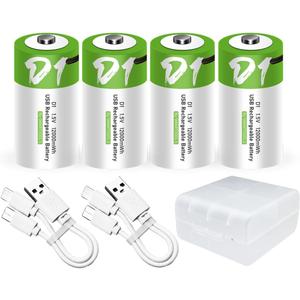 4pcs D Battery D Batteries, USB/Type-C D Rechargeable Battery, High Capacity 1.5V 8000mAh 12000mWh 3 Hours Fast Charge, Cycle Times up to 1200x with Type-C Port Charging Cable