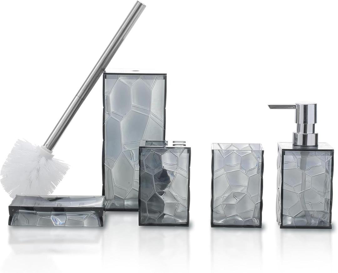 Bathroom Accessories Set 5-Piece Plastic Gift Set with Toilet Brush Holder, Toothbrush Holder, Toothbrush Cup, Soap Dispenser, Soap Dish(Gray)
