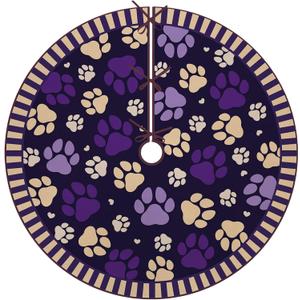 Dog Cat Paw Prints Purple Christmas Tree Skirt, 48 Inches Lace-up Xmas Tree Skirt, Winter Holiday Party Indoor Decoration Home Decor Pet Lover Gifts