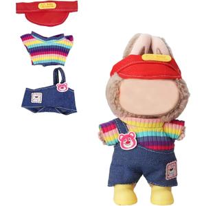 17cm Doll Clothes(NO Doll), Cute Dolls Outfit Accessories with Hat + Top + Suspenders Pants, Small Kawaii Clothes Set for Dolls(Style 12)