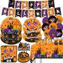 104Pcs Mouse Halloween Decorations, Happy Halloween Party Supplies Set Include Banner, Balloons, Tablecloth, Plates, Napkins, Cake Toppers and Cupcake Toppers for Horror Birthday Party Decorations