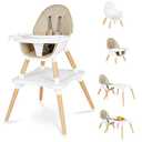 6 in 1 High Chair for Babies & Toddlers, Convertible Wooden Baby Highchair, Table and Chair Set, Baby Feeding Chair, 5-Point Adjustable Harness/4-Position Removable Tray& PU Seat Cushion(Beige)