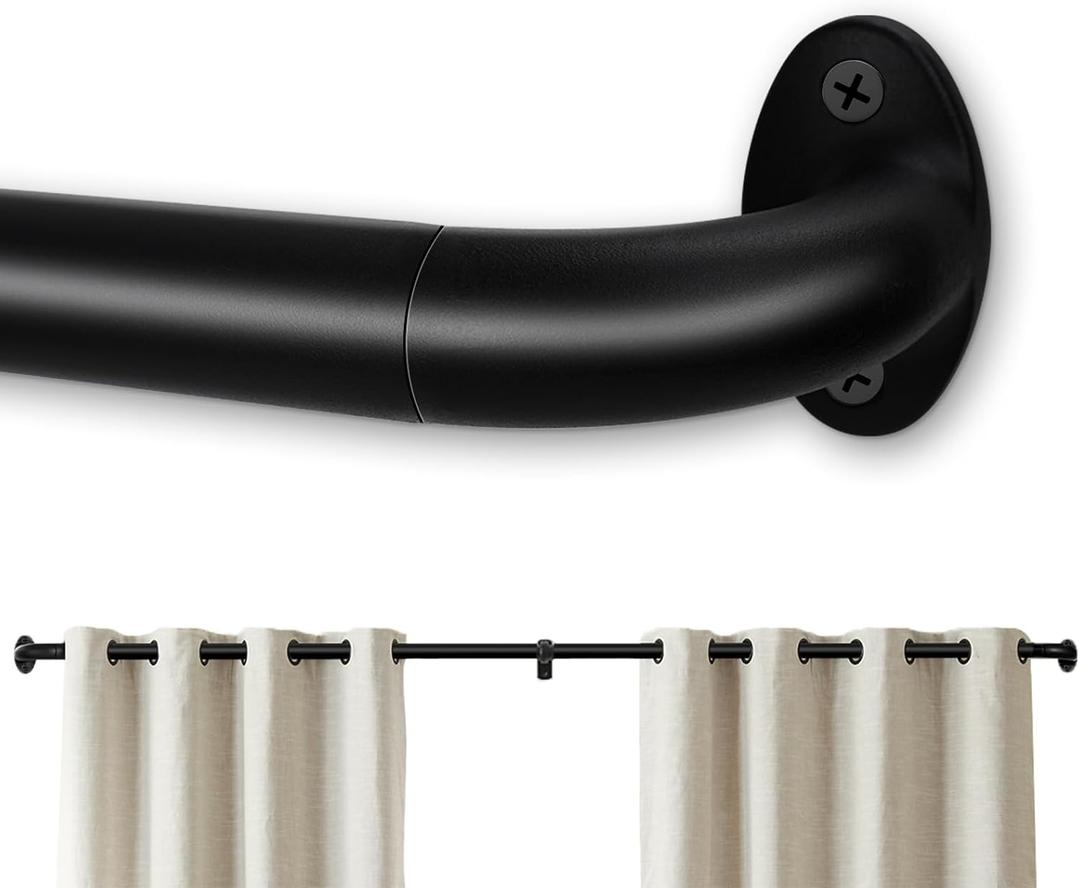Blackout Curtain Rod,Wrap Around Black Curtain Rods For Windows 34 to 126 inch,1 Inch Diameter Adjustable Heavy Duty Curtain Rods for Bedroom For Sliding Glass Door Matte Black