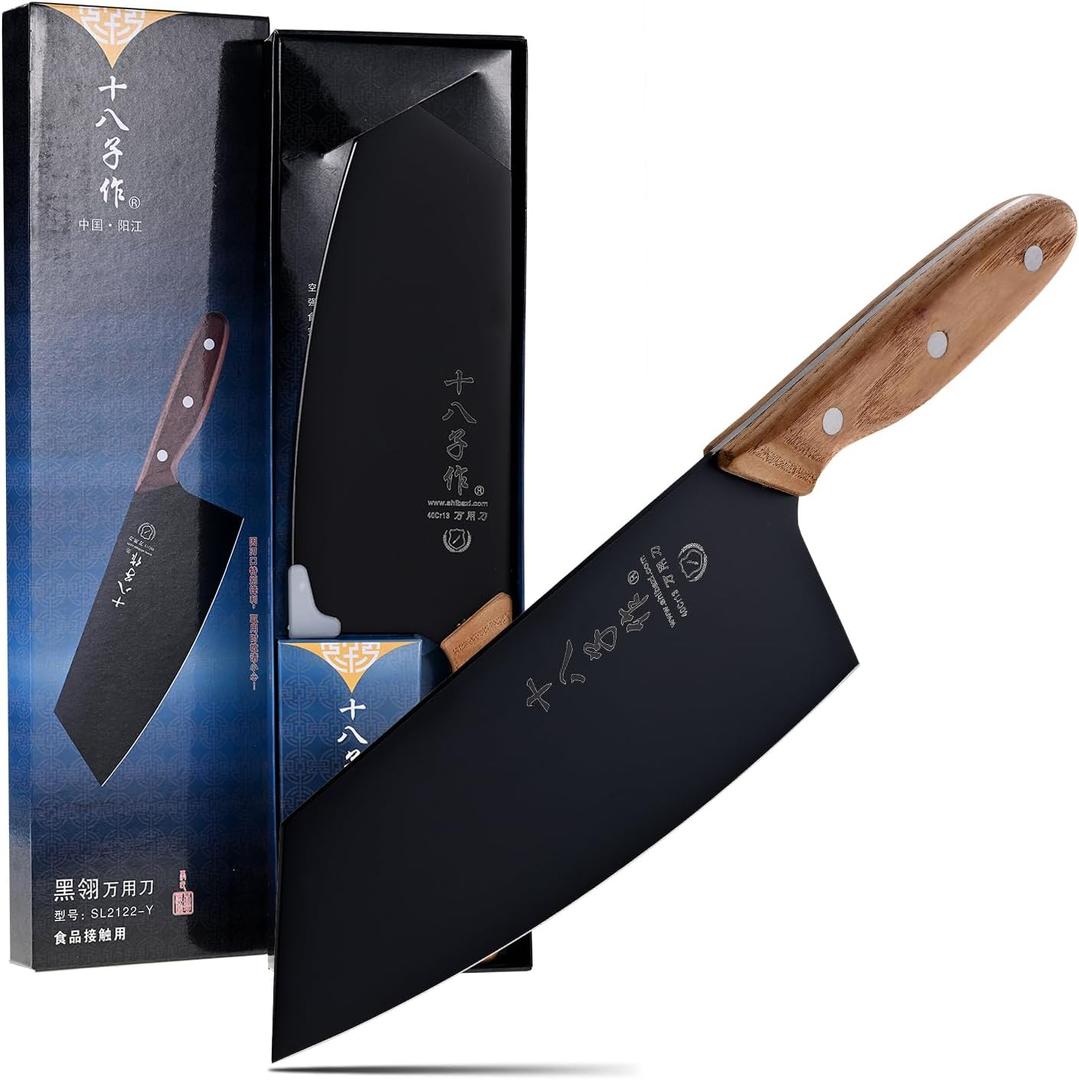 SHI BA ZI ZUO Meat Cleaver, Vegetable Cleaver, Utility Knife Chinese Chef Knife for Kitchen Stainless Steel Ergonomic Design Wooden Handle (Black - SL2122-Y)