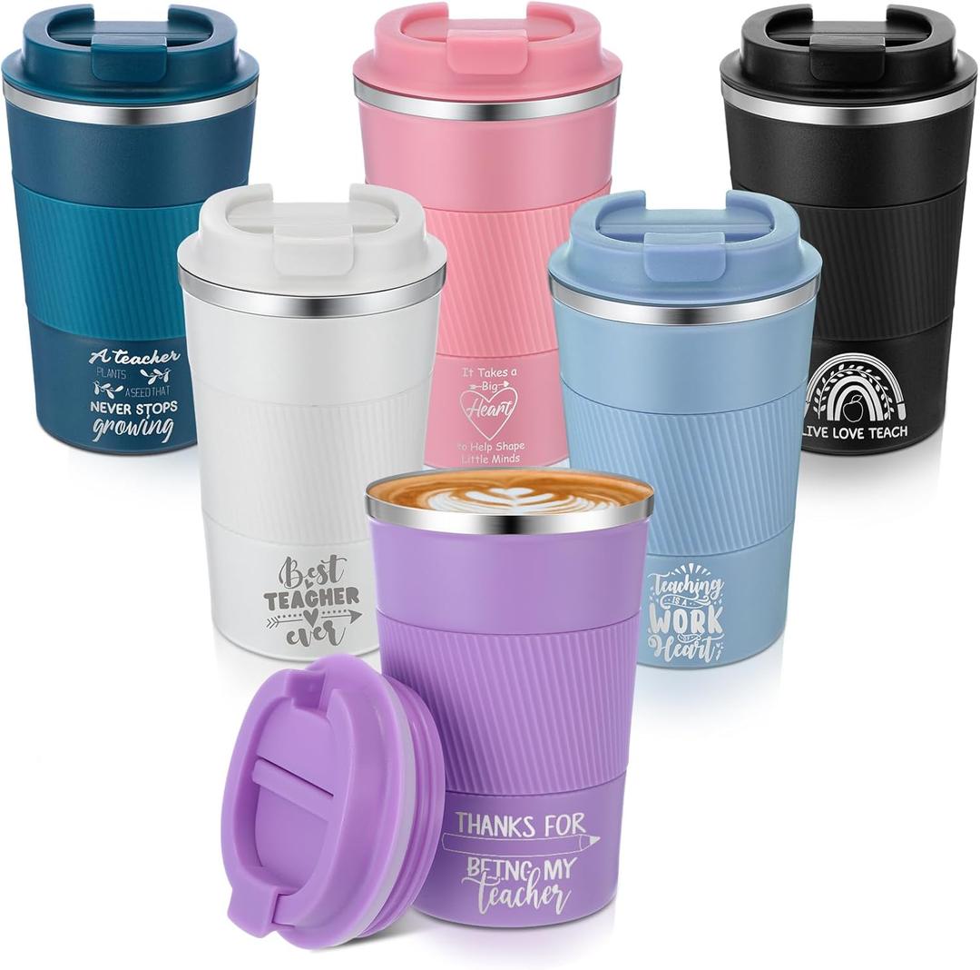 Pickmesh 6 Pcs Teacher Appreciation Gift Tumbler Insulated Coffee Mug Cup 12oz with Lids Daycare School Teacher Coworkers Birthday Gifts from Student for Women Men, Rainbow Style