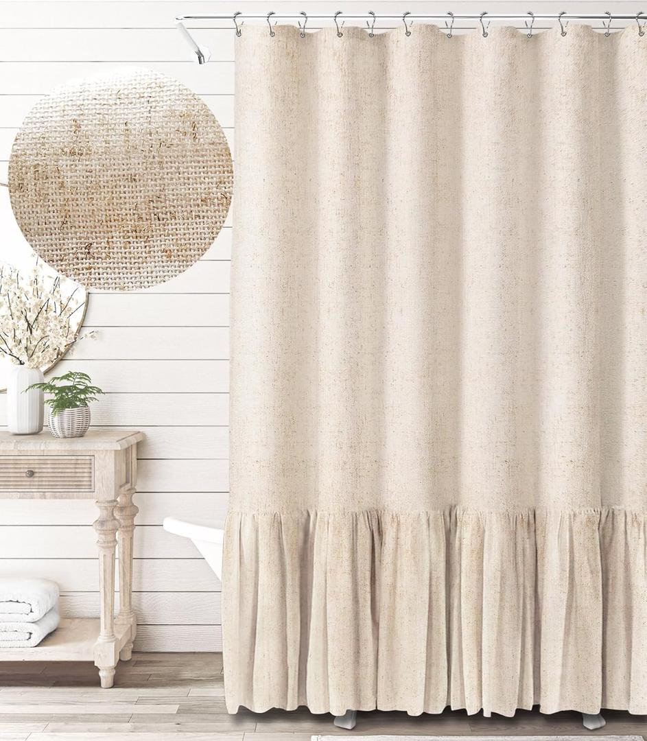 Awellife Farmhouse Shower Curtain Ruffle Linen Textured Boho Shower Curtain for Bathroom, Beige 36" W x 72" L