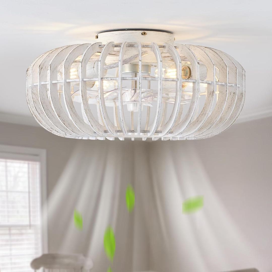 Wood Caged Farmhouse Ceiling Fans with Lights for Bedroom, White, 20", Small