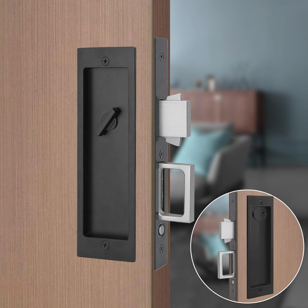 Modern Pocket Door Hardware Set - Privacy Lock with Finger Flush Pulls & Soft Close, for Sliding Barn Doors, Pocket Doors, Bedroom (Black, Entrance)