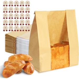 Bread Bags for Homemade Bread 100PCS Paper Sourdough Large Bakery Bags with Window for Baked Food Packaging Storage Gift Giving Includes 100PCS Label Seal Stickers 13.7x8.3x3.5in