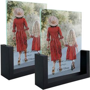 MEBRUDY 5x7 Picture Frame 2 Pack, Black Photo Frames with Tempered Glass Cover and Wooden Base for Tabletop or Desktop Display