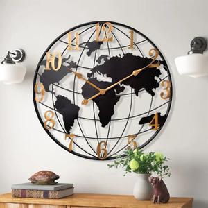 Large World Map Wall Clock, Metal Minimalist Modern Clock,Round Silent Non-Ticking Battery Operated Wall Clocks for Living Room/Home/Kitchen/Bedroom/Office/Farmhouse Decor Color1, 24 inch