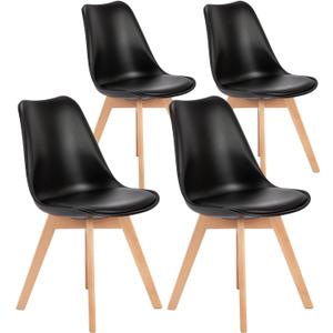 OLIXIS Dining Chairs Set of 4 Kitchen Mid Century Modern Chairs with Wood Legs and PU Leather Cushion for Living Room Bedroom Outdoor Lounge, Black