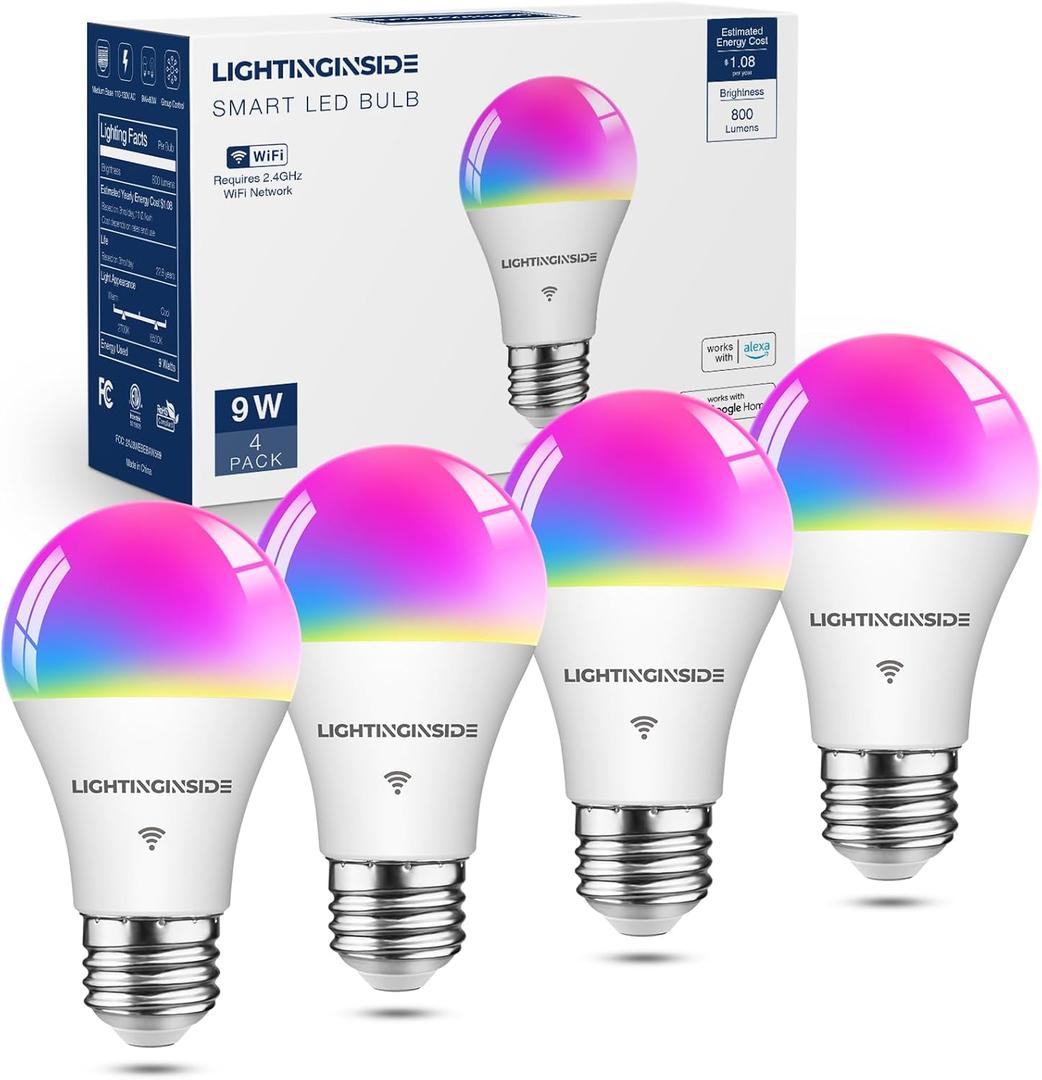 Lightinginside Smart Light Bulbs 60W Equivalent, WiFi Smart Bulb Compatible with Alexa/Google Assistant/Smart Life, A19 E26 RGBCW Color Changing, No Hub Required,2.4G WiFi, ETL Listed, 9W 800LM, 4PCS