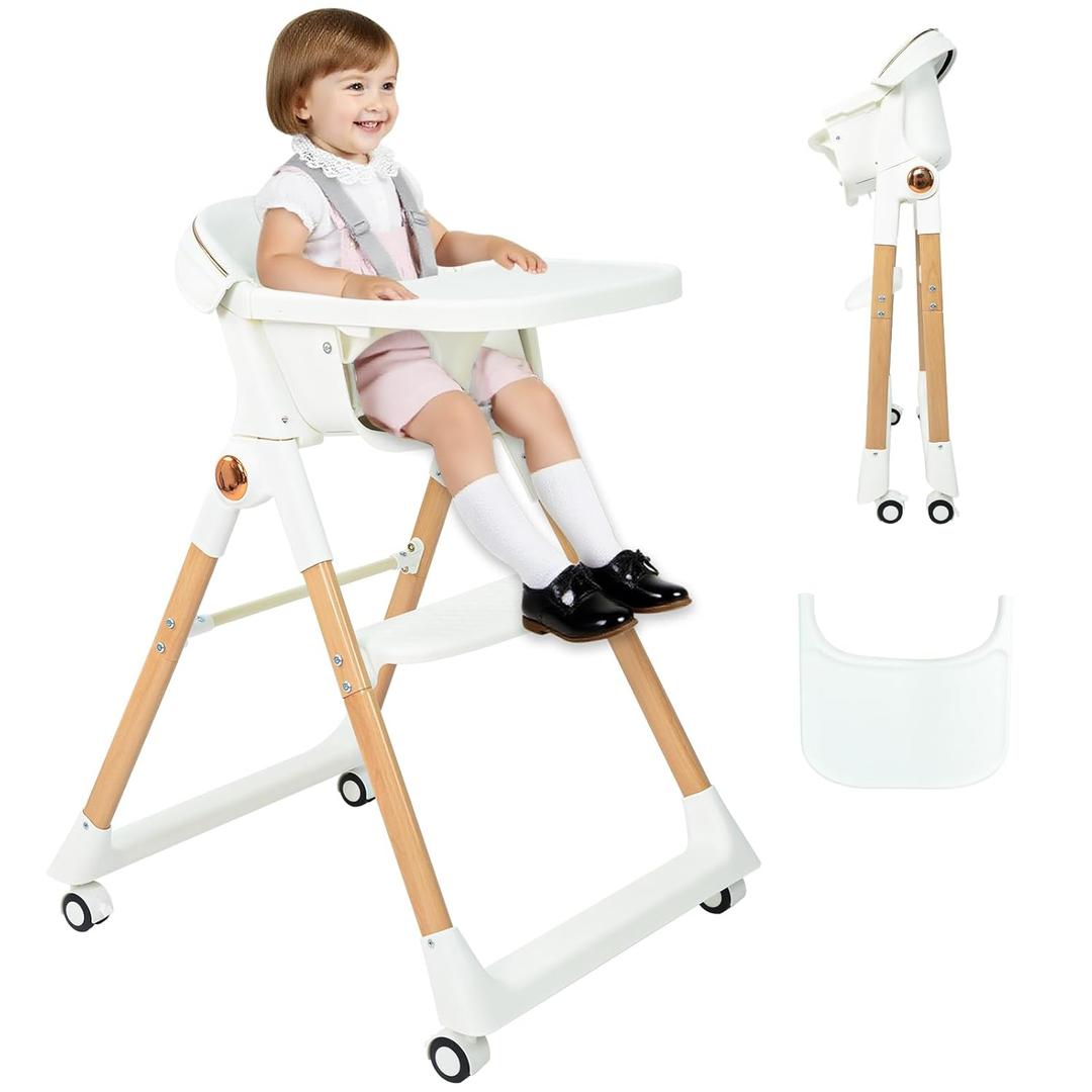Baby High Chair for Toddler, Foldable High Chair for Dining Table Highchair with 5 Point Harness Seat Removable Adjustable Tray Portable Baby Dinning Chair with Lockable Wheels Easy to Clean Surface