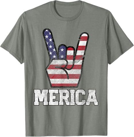 Merica Rock Sign 4th of July Vintage American Flag Retro USA T-Shirt 116 (5-6)