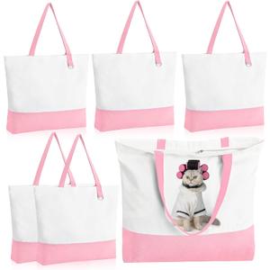 6-Pack Canvas Tote Bag with Zipper, Large Reusable Grocery Tote, Pink | Blank bags, washable, inner pocket, flat bottom, sturdy handle, for sublimation DIY/transfer, travel/beach/Christmas crafts