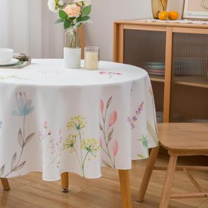 Round Spring Tablecloth 70 Inch Round Floral Tablecloth - 70" Polyester Flower Table Cover Reusable Water Resistant for Summer Outdoor Picnic Party Holiday Decoration