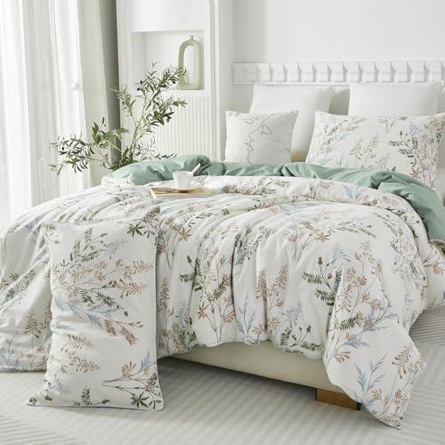 Helthep Floral Duvet Cover Full, 100% Cotton Green Leaves Printed Duvet Cover Floral Pattern Comforter Cover, 3PCS Reversible Green Botanical Flower Bedding Set for Full Size Bed(No Comforter)