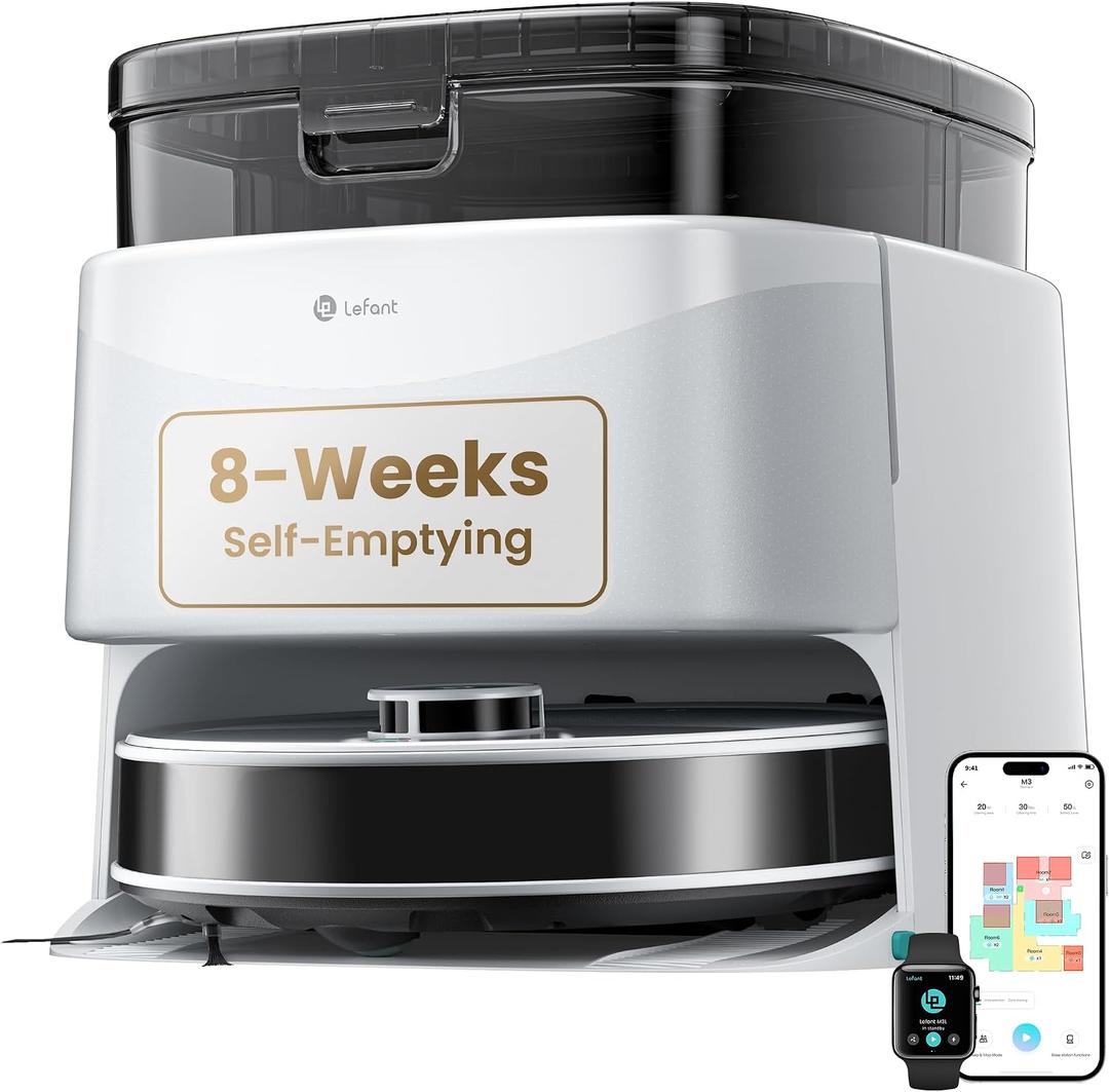 Lefant Robot Vacuum and Mop, 12000Pa Suction, 90-Day Self-Emptying, Auto Mop Washing&Drying, Obstacle Avoidance, All-in-One for Pet Hair Carpet, 5G WiFi Alexa/APP/iWatch Control, M3 