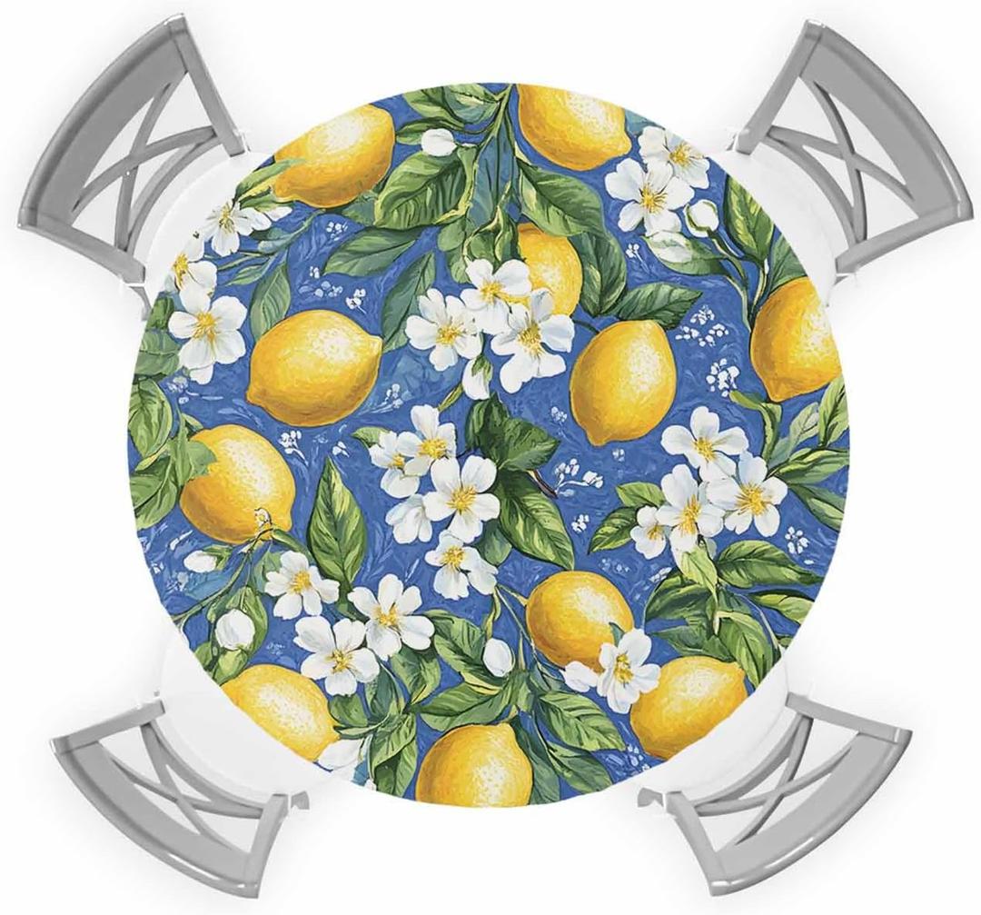 Lemon Round Fitted Tablecloth, Bohemian Farmhouse Lemon Blue Seasonal Elastic Edged Tablecloth, Wipeable Oil Proof Picnic Party Holiday Table Cloth for Home Kitchen Indoor Outdoor, Fit to 55" - 60"